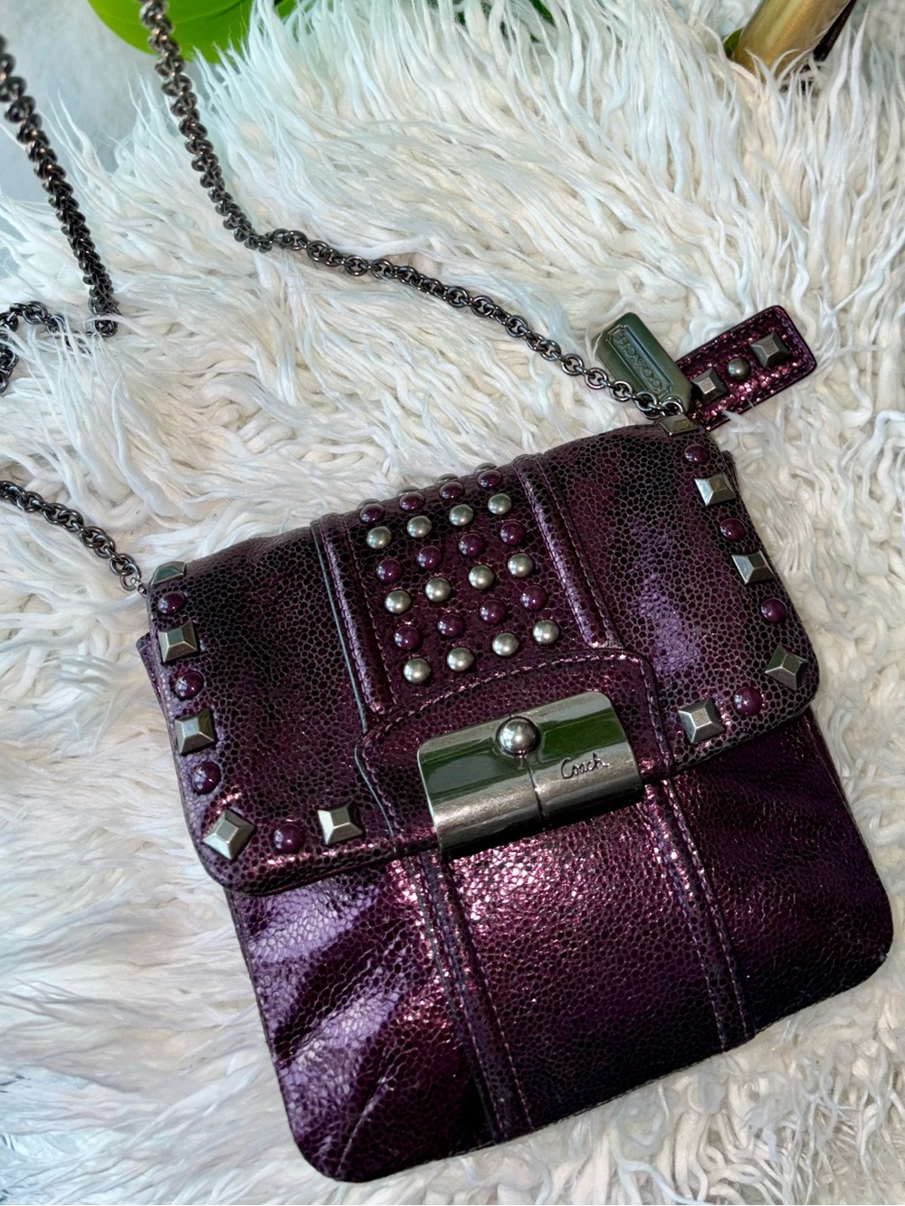 Authentic Coach Kristin 44043 Boysenberry Metallic Gunmetal Studded Leather Bag